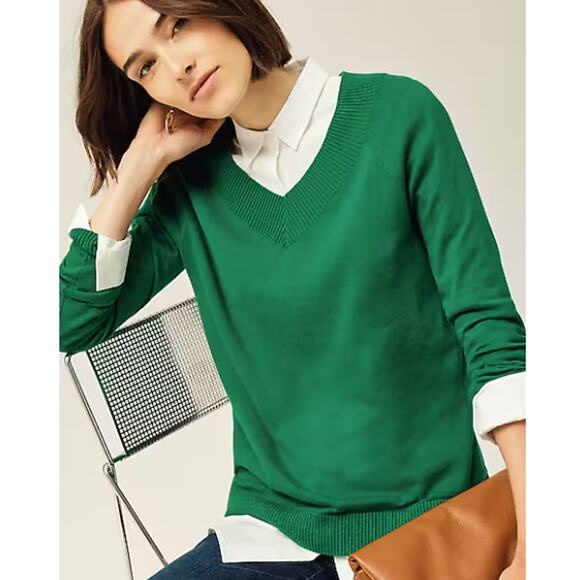J. Jill NWT Verdant Green Ribbed-Border Cotton-Blend V-Neck Sweater, Size 2X - Picture 1 of 11